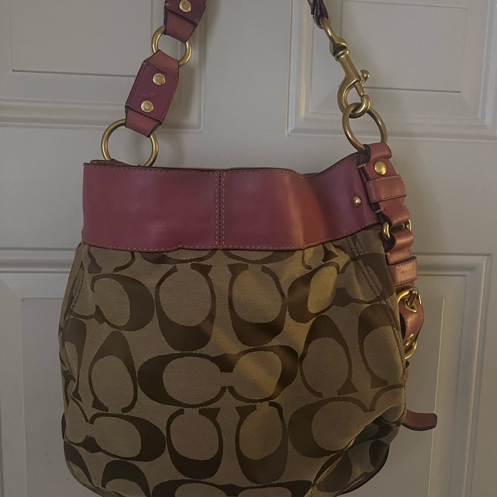 Coach Brown and Pink Monogram Shoulder Bag with Gold Hardware
